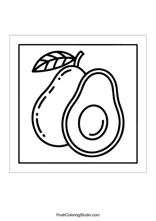 An avocado with a seed and leaves.