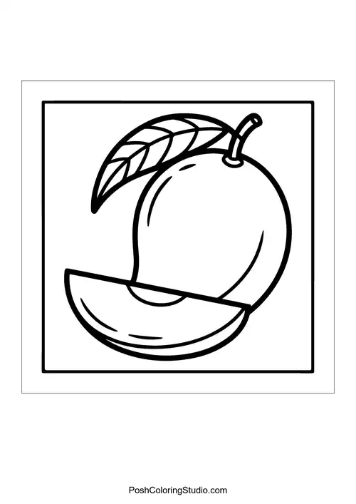 A mango with a slice and a leaf.