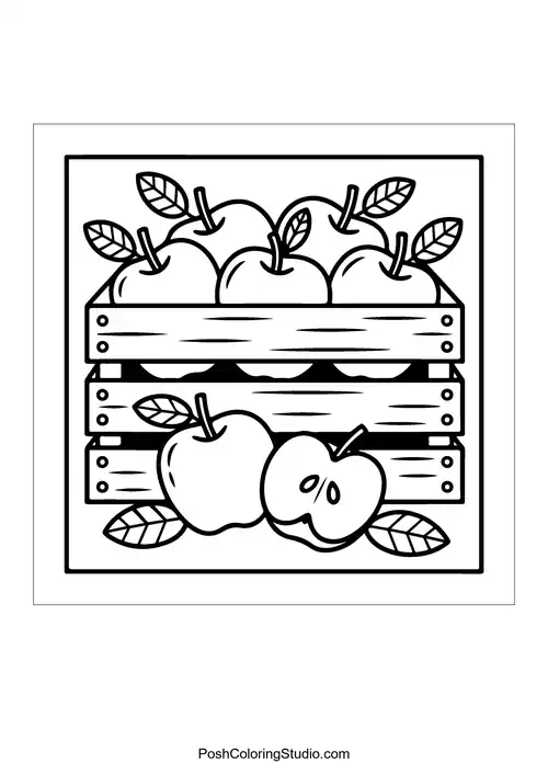A wooden crate filled with apples and leaves.