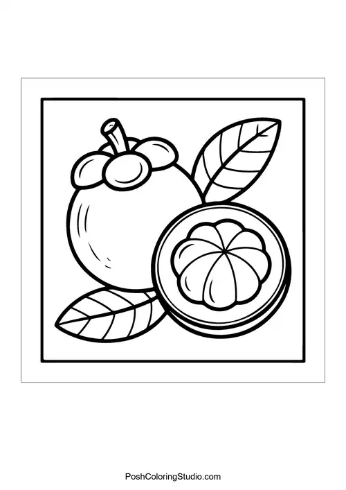 A mangosteen with a cross-section and leaves.