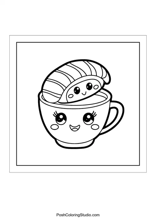 A sushi character peeking out of a teacup.