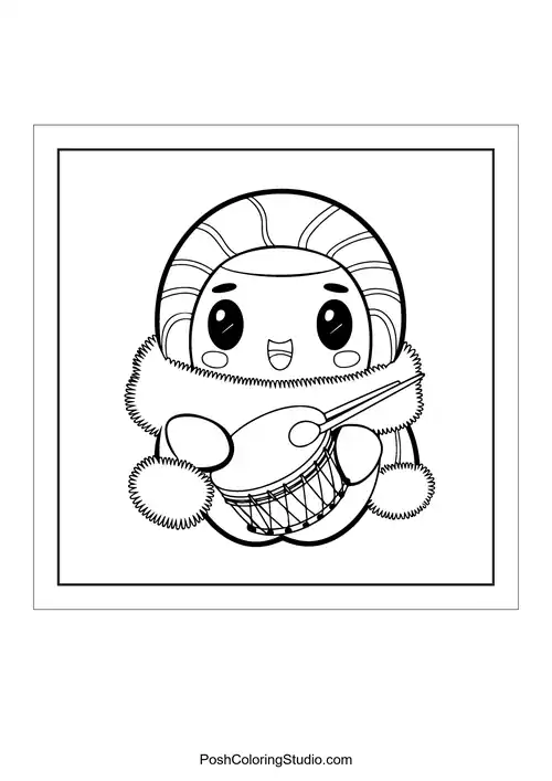 A sushi character holding a drum with a smile.