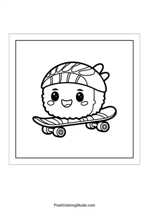 A sushi character on a skateboard with a smile.