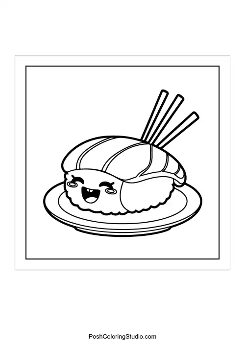 A sushi roll with a happy face and chopsticks.