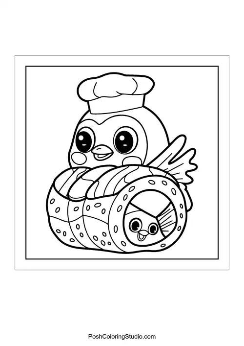 A bird-shaped sushi roll with a chef hat.