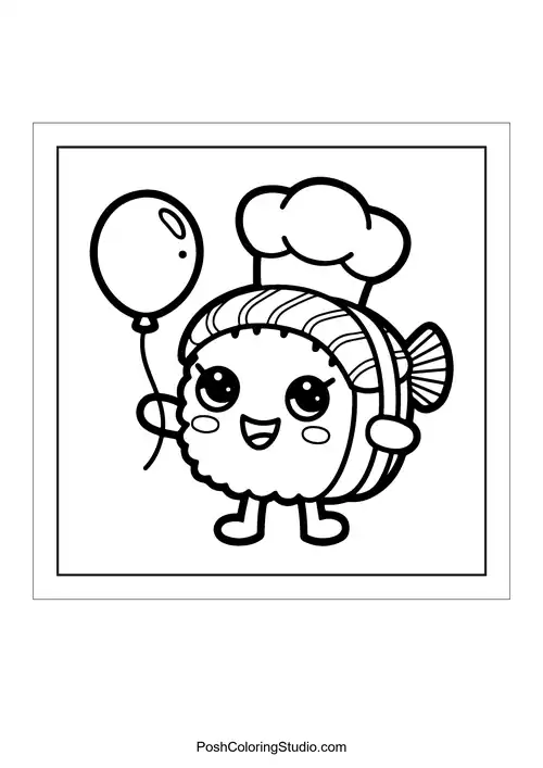 A cute sushi character holding a balloon and wearing a chef's hat.