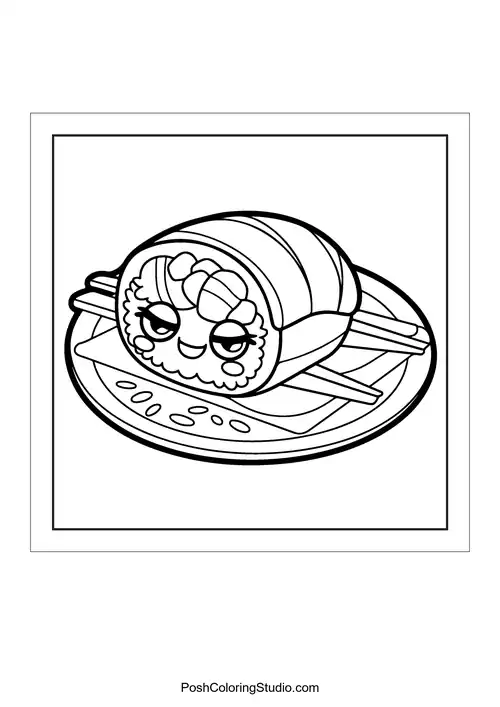 A sushi roll on a plate with a happy face.