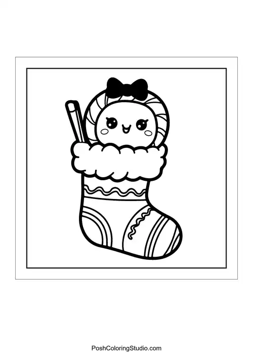 A candy cane character in a festive stocking.