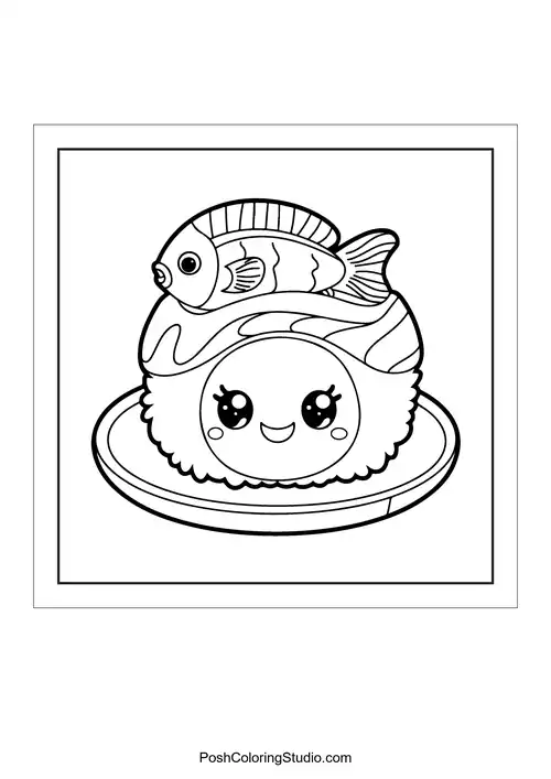 A sushi roll topped with a fish and a smiling face.
