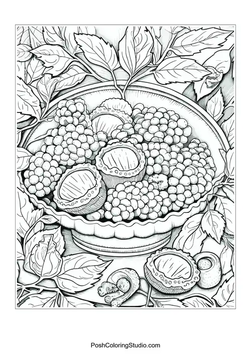 A bowl of assorted berries surrounded by leaves.