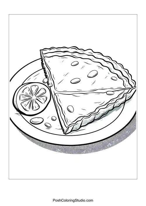 A lemon pie slice with a lemon wedge on the side.