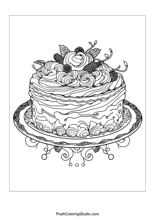 A cake with a cherry and decorative frosting.