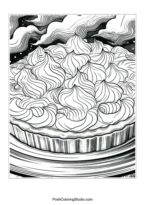 A pie with swirled meringue topping and a crust.