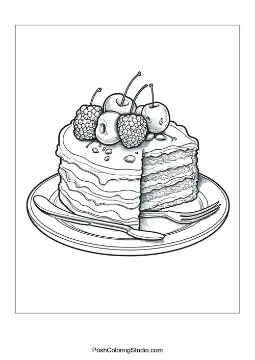 A slice of layered cake topped with berries and a fork.