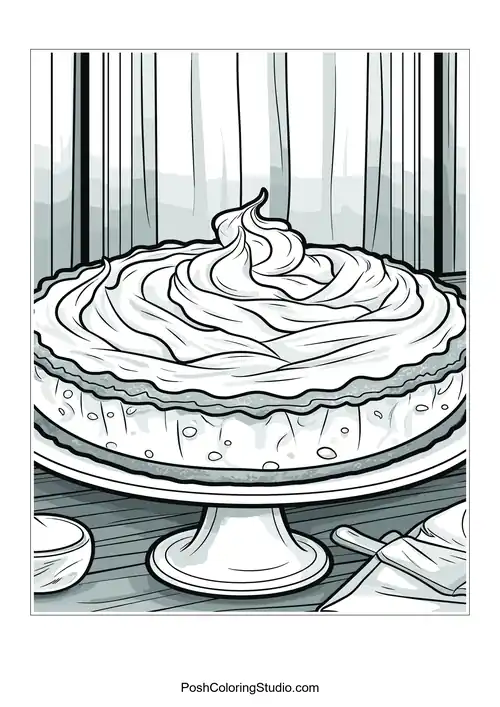 A cake on a pedestal with a fluffy frosting top.