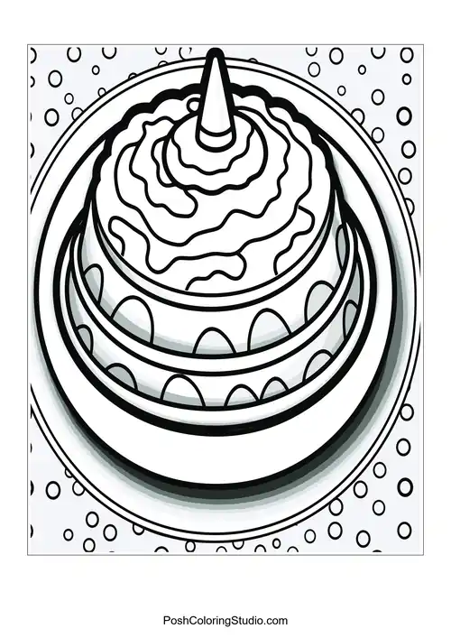 A round cake with a cone-shaped decoration on top.