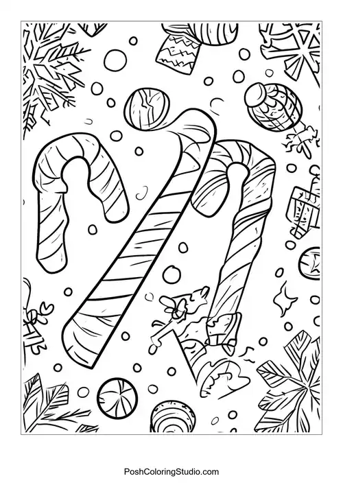 A single candy cane with floral patterns surrounding it.