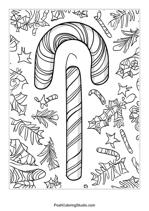A candy cane with intricate designs and floral elements.
