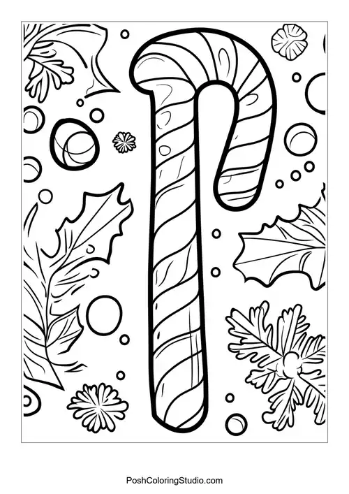 A candy cane surrounded by various festive shapes.