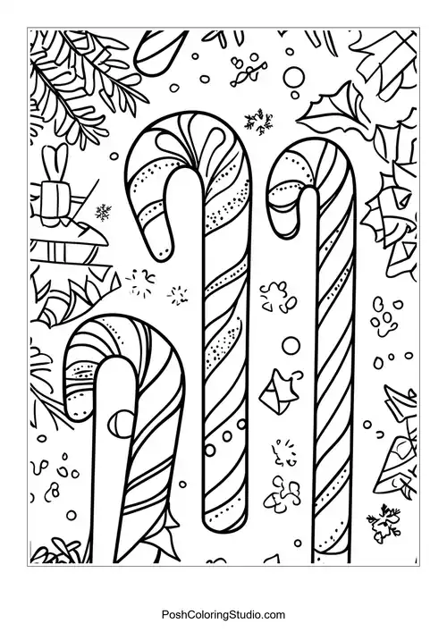 Candy canes with snowflakes and festive decorations around them.