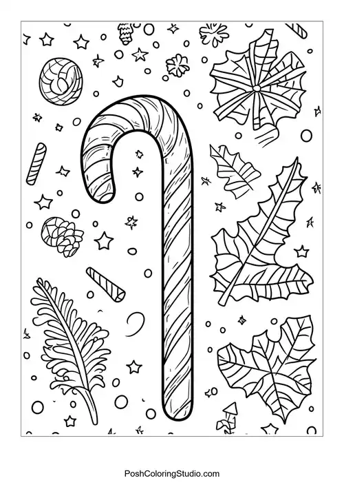 A candy cane with floral patterns and decorative elements.