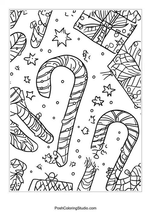 Two candy canes surrounded by festive decorations and stars.