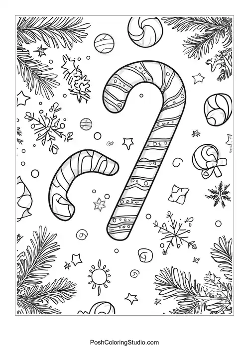 A single candy cane with decorative elements and snowflakes.