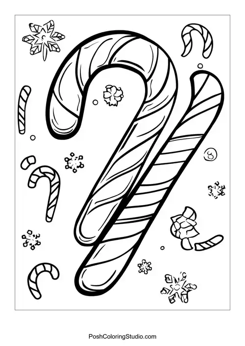 Candy canes with various festive decorations and stars.