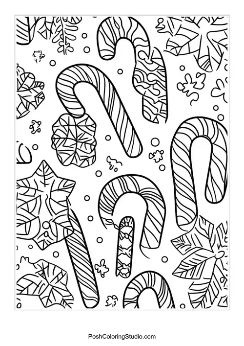 Candy canes intertwined with snowflakes and floral patterns.
