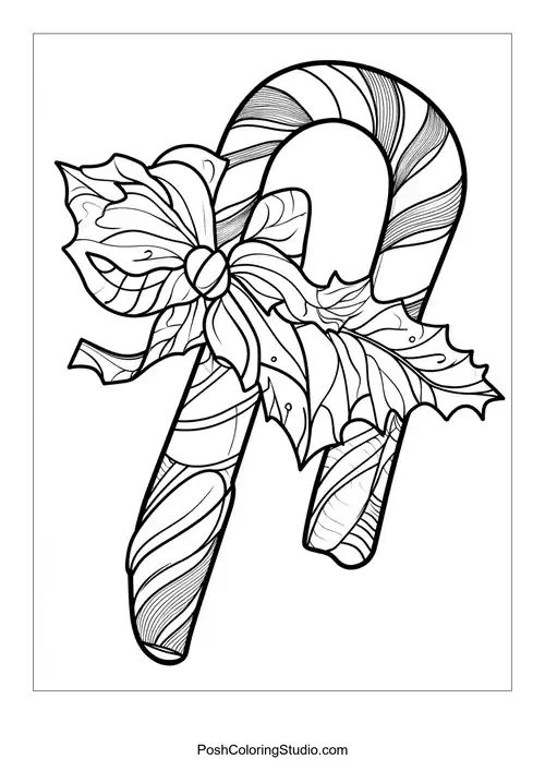 A candy cane surrounded by festive decorations and stars.