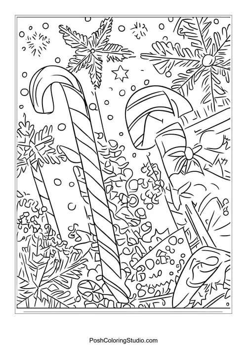 Two candy canes with decorative elements and stars.