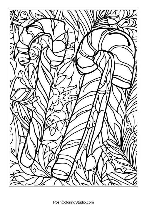 A candy cane surrounded by festive decorations and snowflakes.