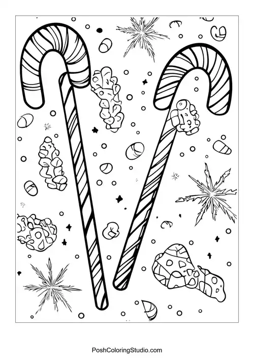 A candy cane surrounded by festive decorations and stars.