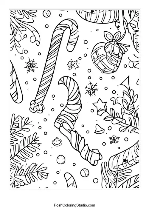 Two candy canes with decorative elements and stars.