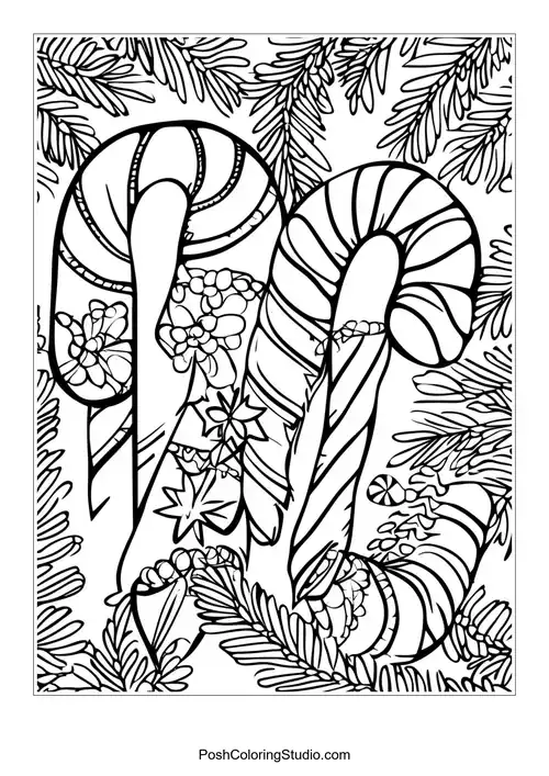 Two large candy canes adorned with holly leaves.