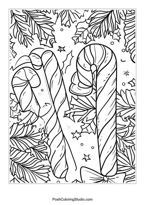 A candy cane surrounded by festive decorations and snowflakes.