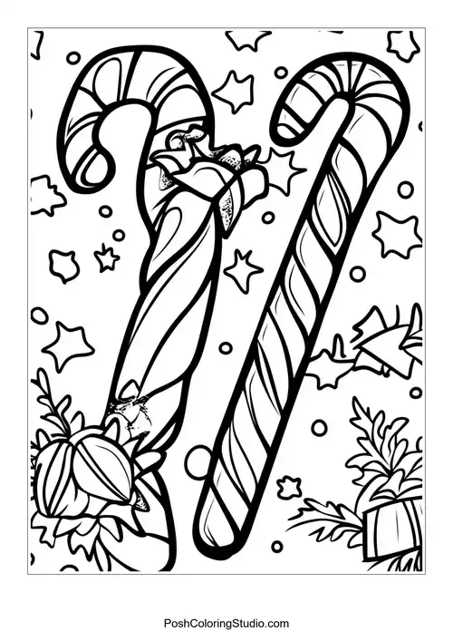 Two candy canes with floral patterns and decorative elements.