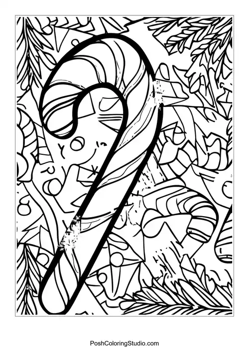 A candy cane surrounded by festive decorations and stars.