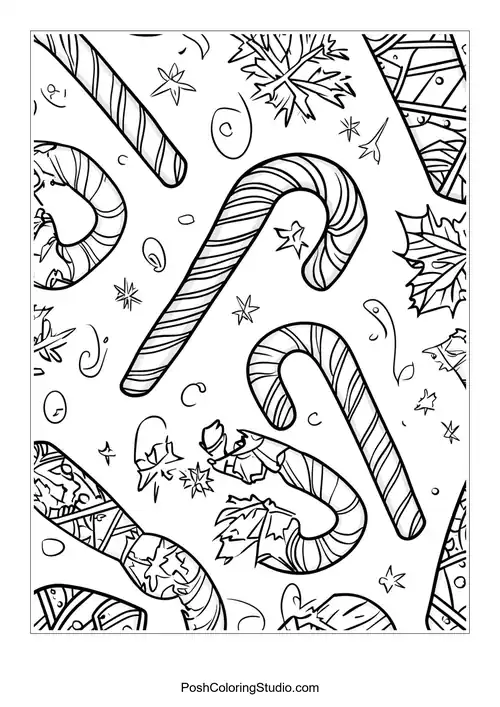 Candy canes with snowflakes and various festive shapes.