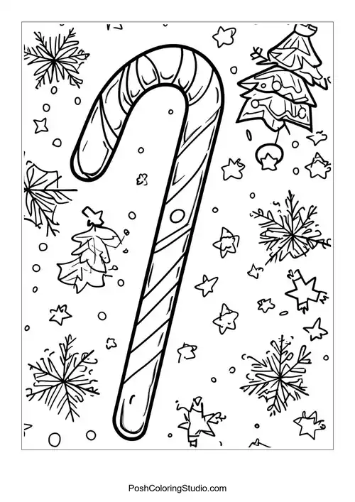 A candy cane surrounded by festive decorations and snowflakes.