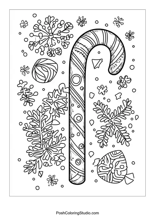 A candy cane surrounded by festive decorations and stars.