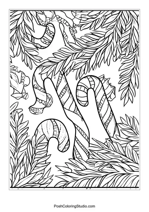 Two candy canes with decorative elements and stars.