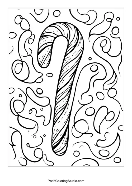 A candy cane surrounded by festive decorations and snowflakes.