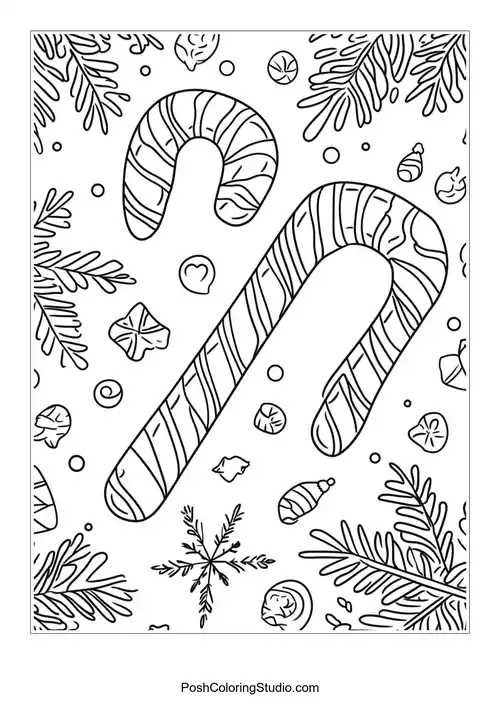 Candy canes with various festive decorations and stars.