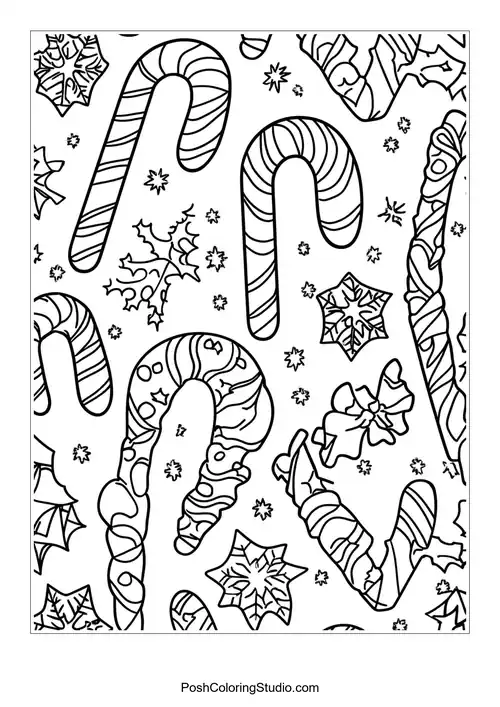 Two candy canes with floral patterns and decorative elements.
