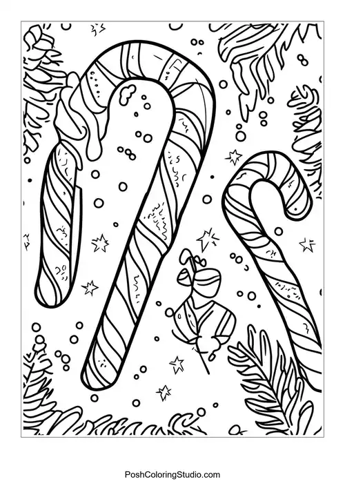 A candy cane surrounded by festive decorations and stars.