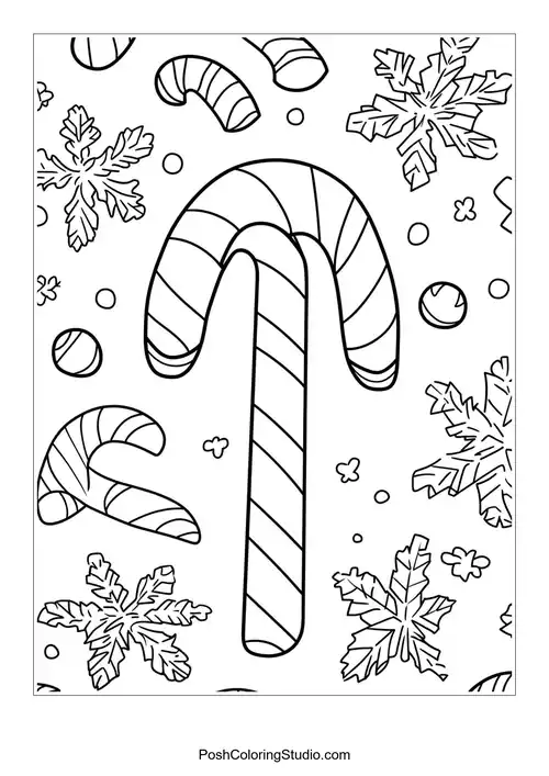 A candy cane surrounded by festive decorations and snowflakes.