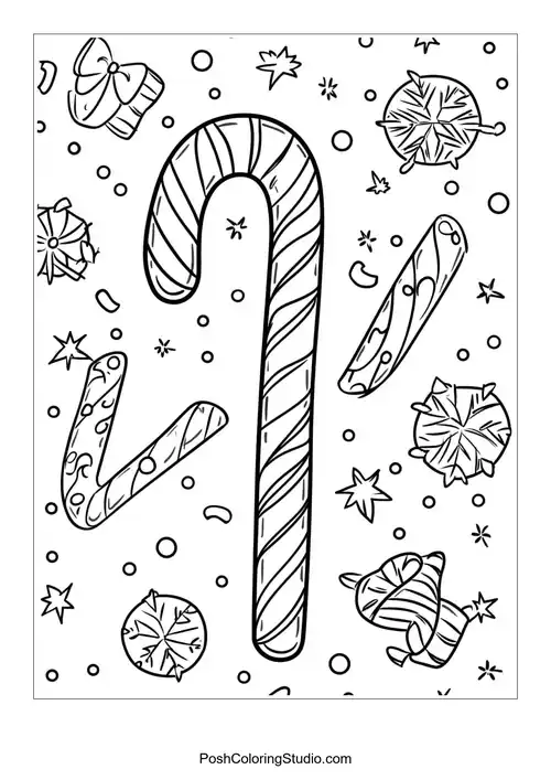 A single candy cane with decorative elements around it.