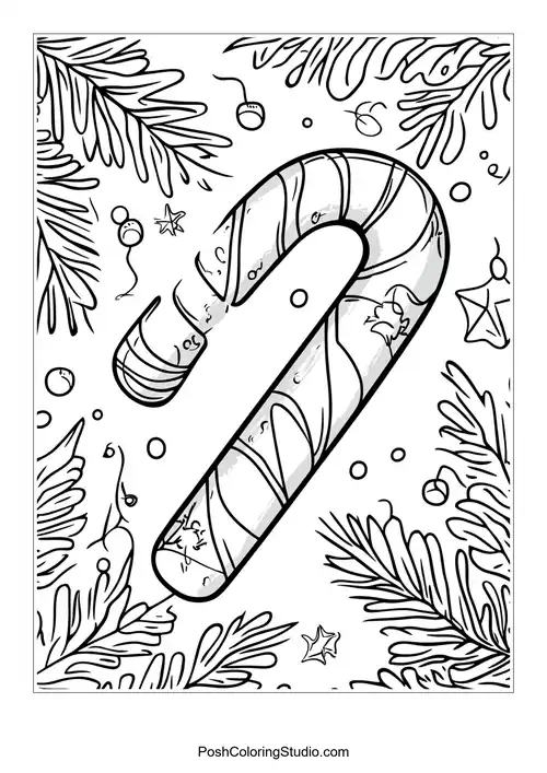 A candy cane surrounded by festive decorations and pine branches.