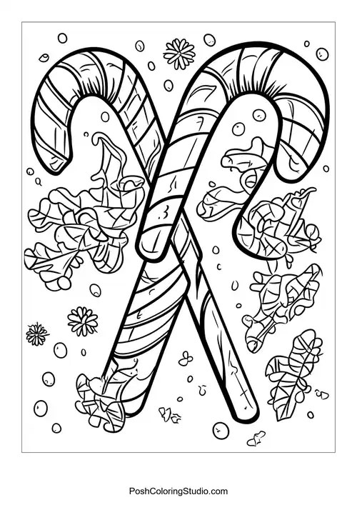 Two candy canes crossed with leaves and decorative elements.